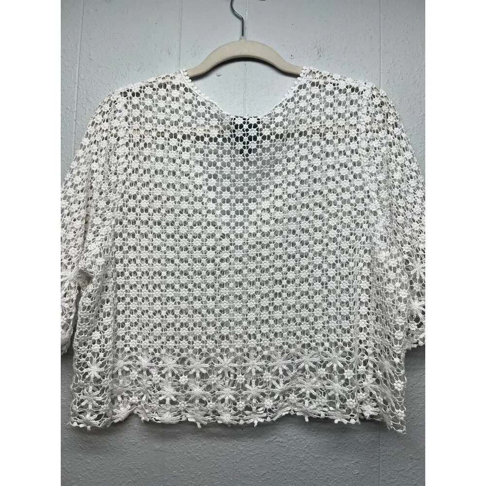 Rabbit Designs White Crochet Cardigan Womens L Cotton Y2K Dainty Fairy Grunge - Picture 6 of 10